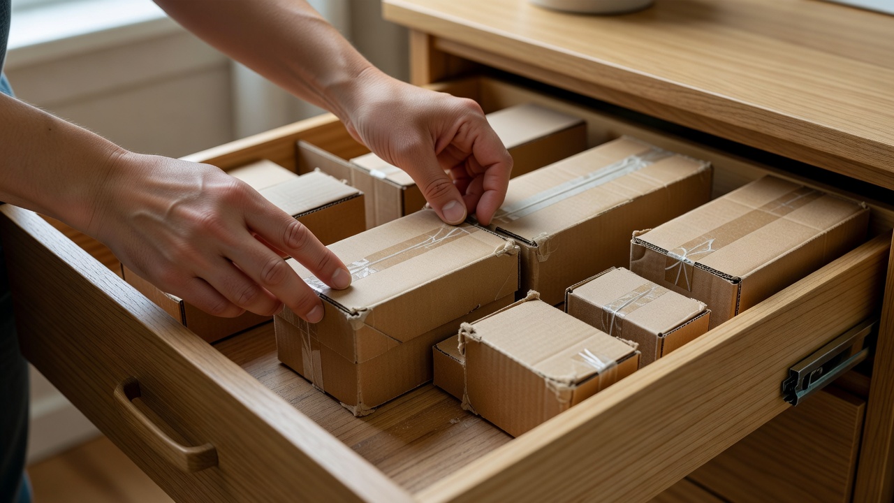 Hands testing a drawer layout with reused boxes before buying fitted organizers