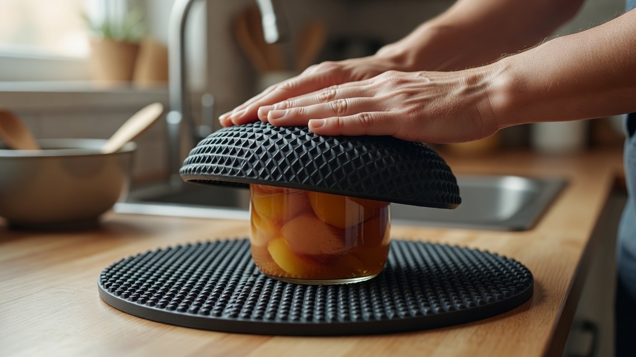 Hands pressing a textured jar-opening mat against a lid on a kitchen counter