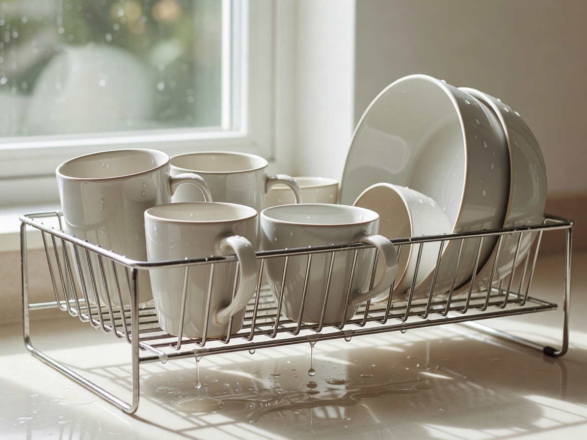 Freshly washed mugs and bowls draining on a rack beside a bright kitchen window