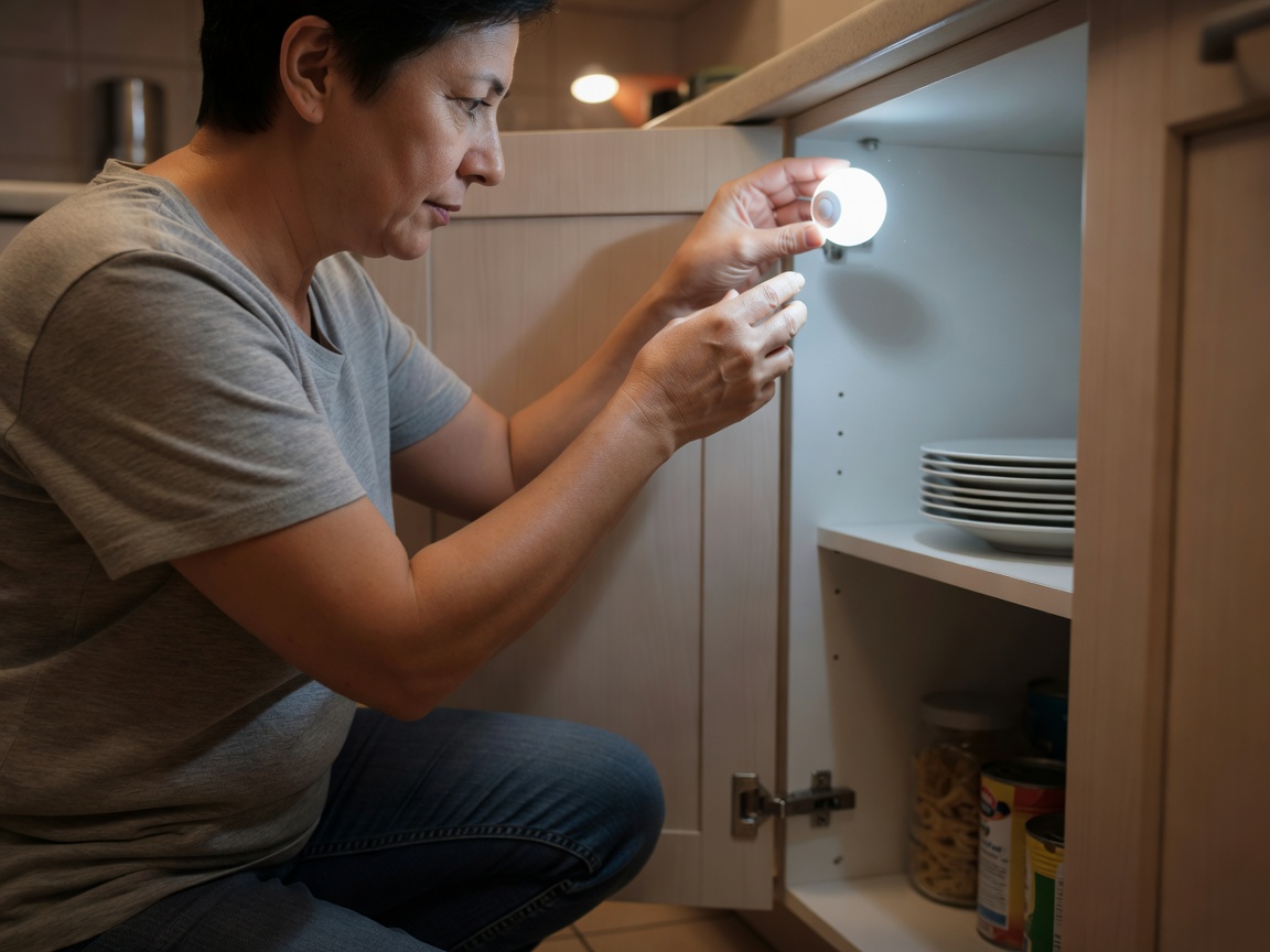Person adjusting a small removable light inside a household cupboard