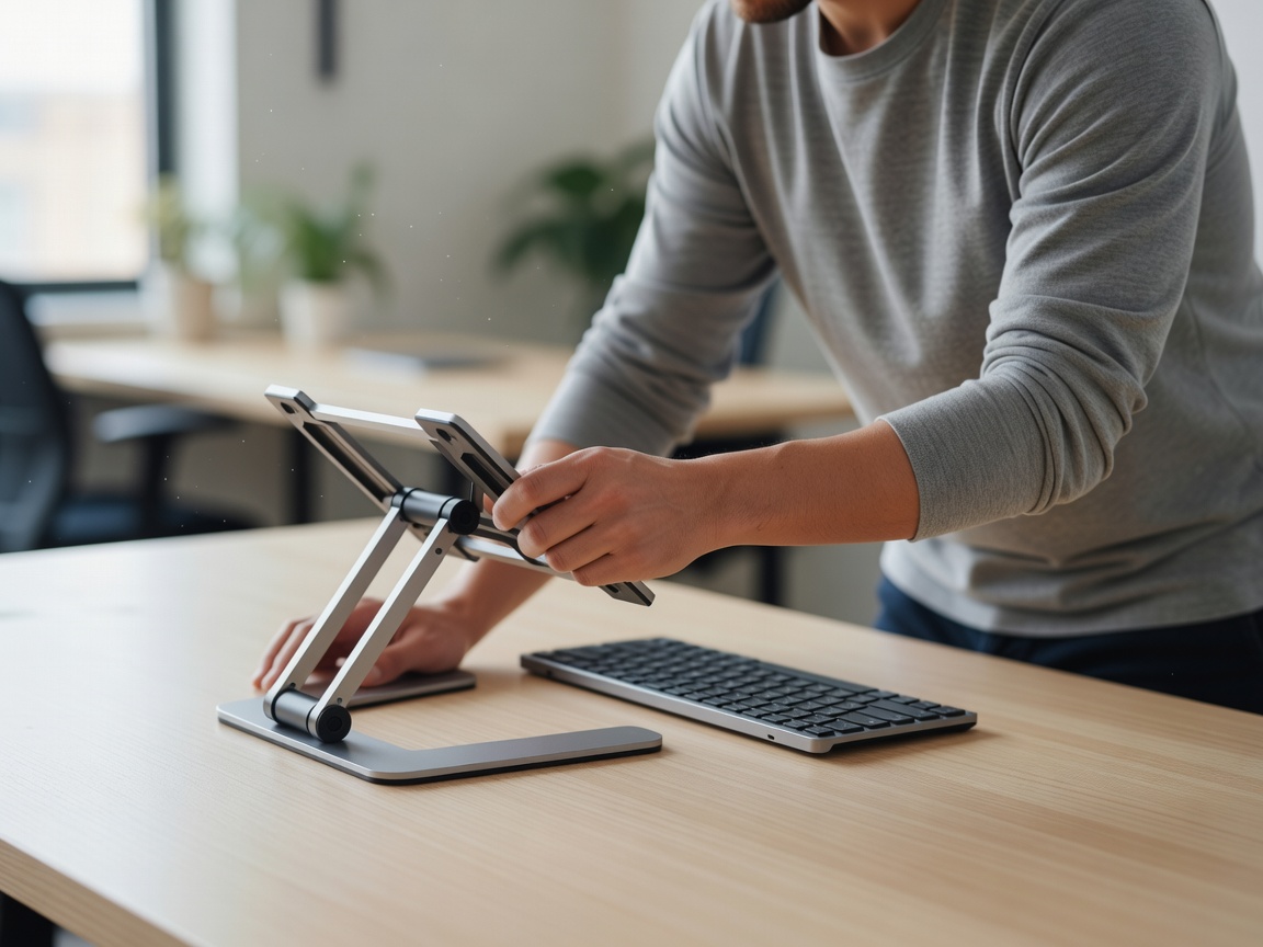 Person adjusting a folding laptop stand on a shared desk with a separate keyboard and mouse