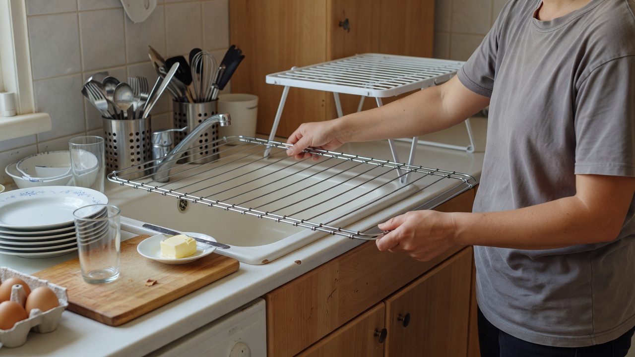 Person positioning a roll-up rack over a sink beside a crowded kitchen worktop